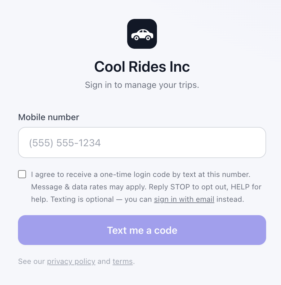 Booking portal login screen with SMS consent disclosure