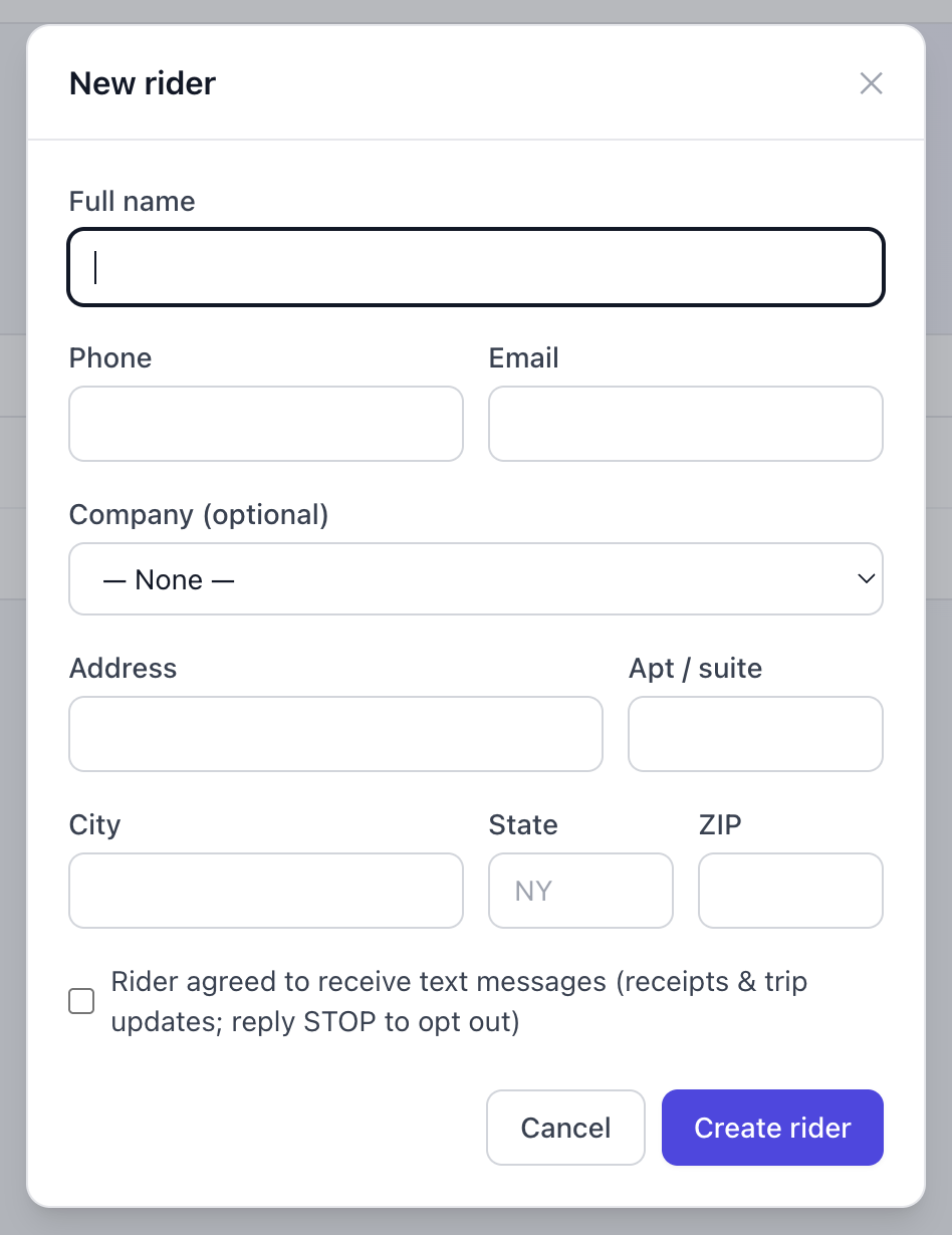 Rider form with unchecked SMS consent checkbox